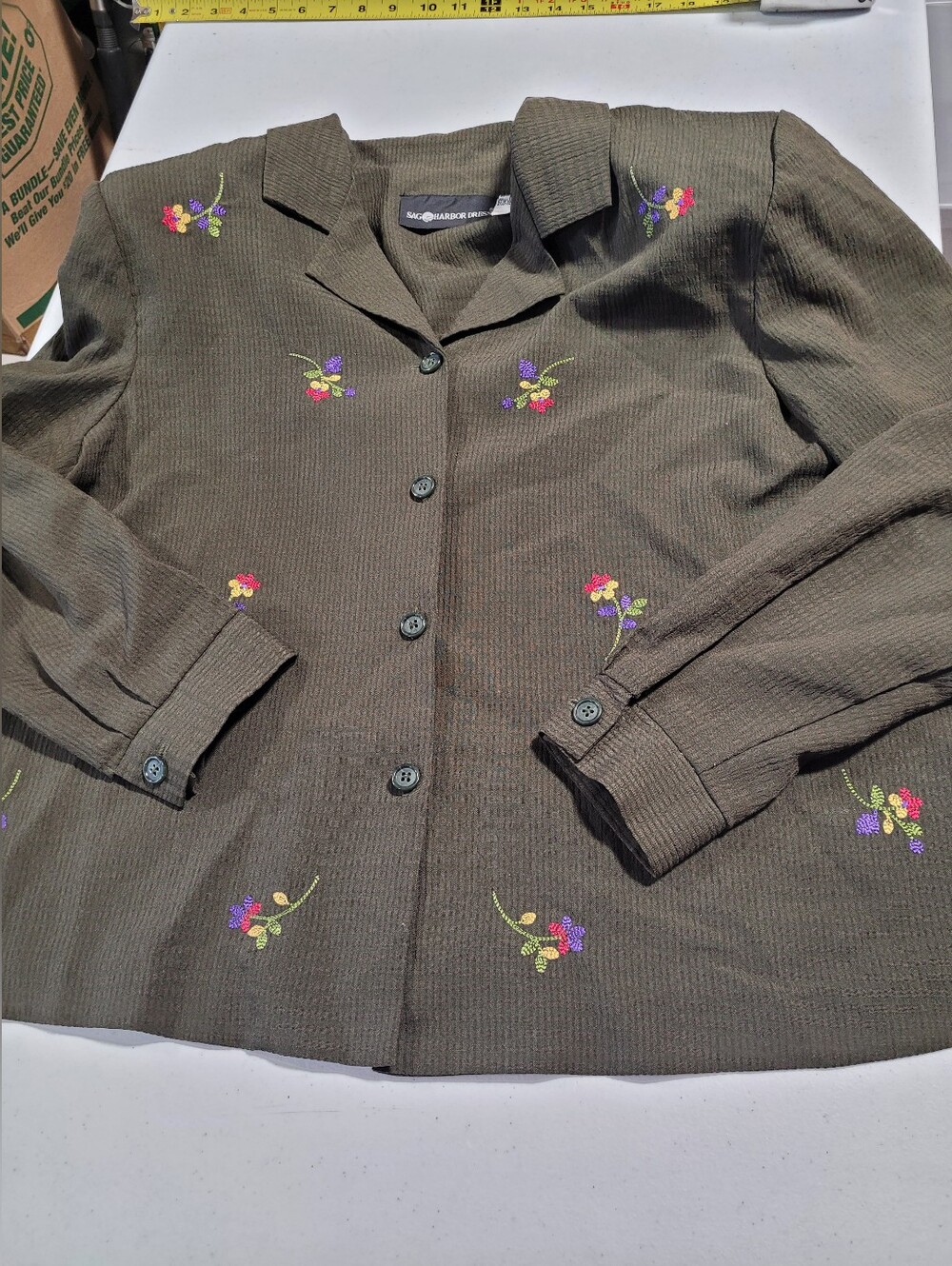Sag Harbor Olive Green Floral Embroidered Button-Up Top